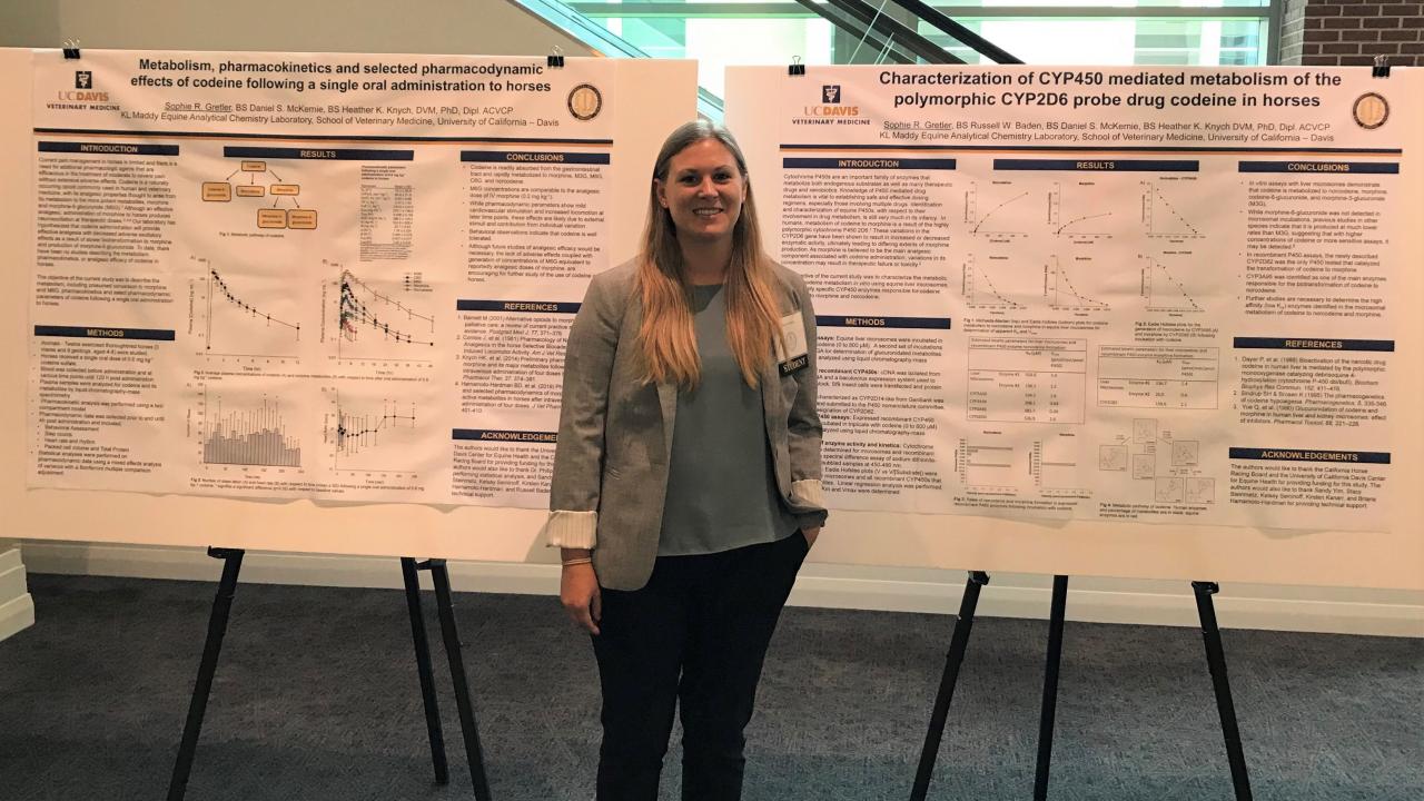 Sophie Gretler standing in front of the research posters that she presented at the 2019 AAVPT conference.
