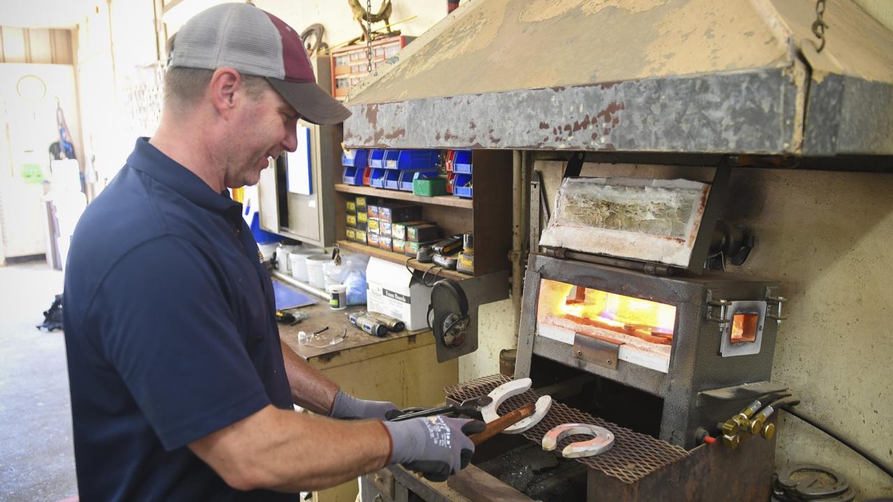 UC Davis veterinary hospital farrier Shane Westman shaping horseshoes